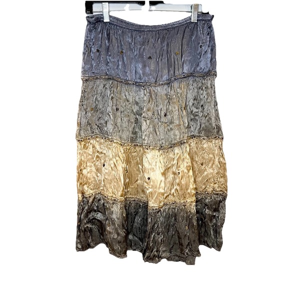 Derek Heart Y2K Vintage 90s Satin Tiered Beaded Fairy Gypsy Midi Skirt Boho XL